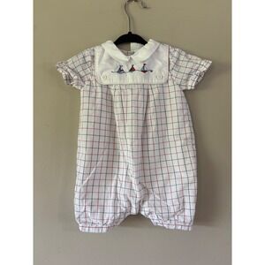 Janie & Jack Baby Boy 3/6M Sailboat Embrd Windowpane Check Romper White Red Blue